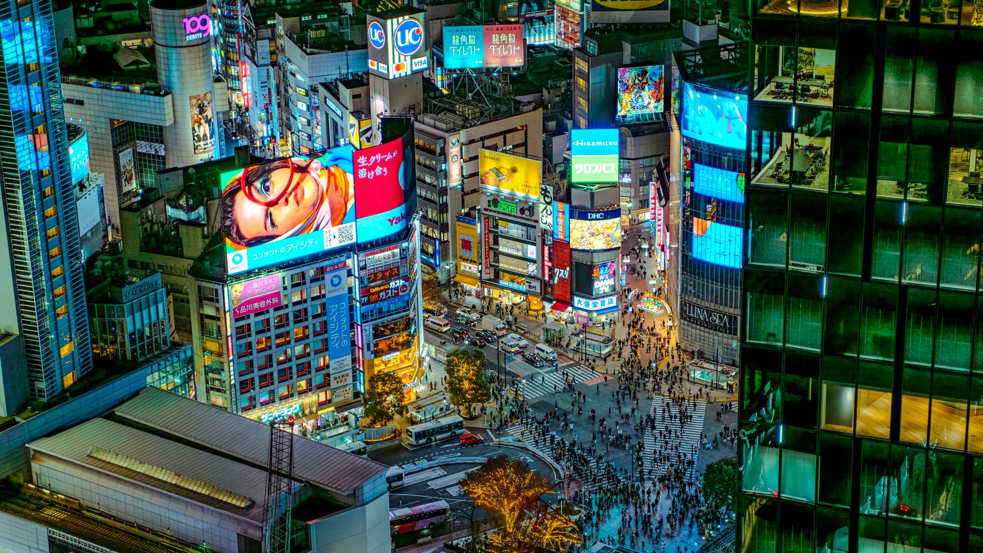 Shibuya crossing from above at blue hour