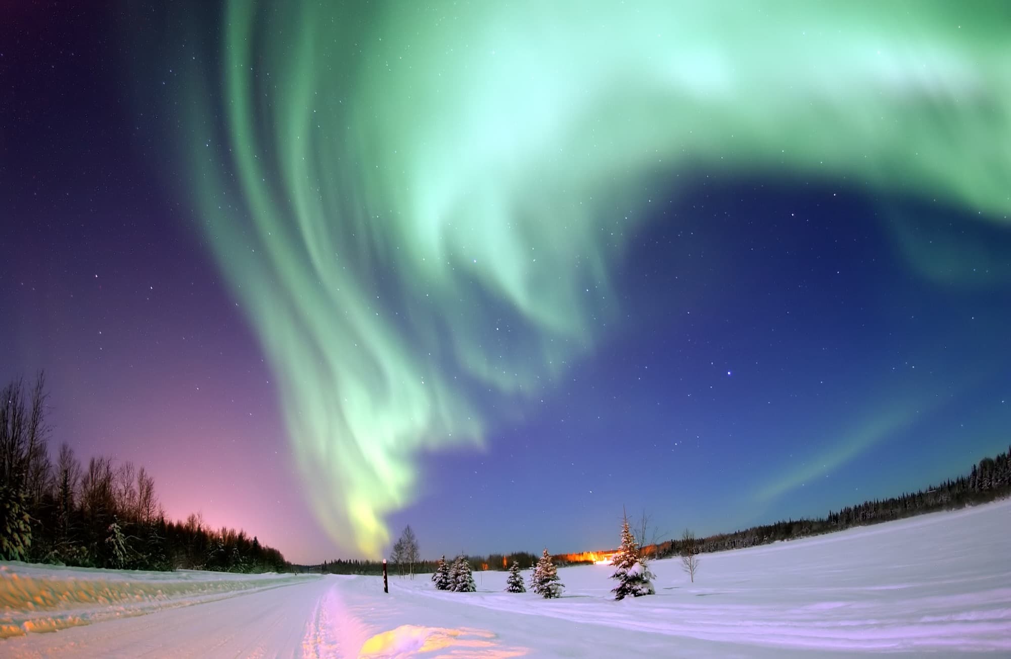 Green aurora curling over a dark-sky lodge near Vik
